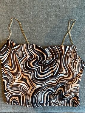 Swirl Print Satin Cami with Rhinestone Chain Straps - Black, White, Brown, Tan